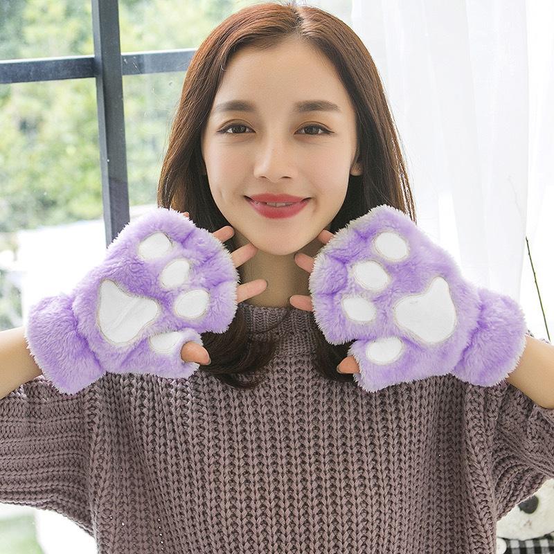 Cartoon süße Katze Klaue Pfote Handschuhe Frauen Plüsch Fäustlinge warme weiche Plüsch kurze fingerlose flauschige Bär Katze Handschuhe Kostüm Halbfinger violett