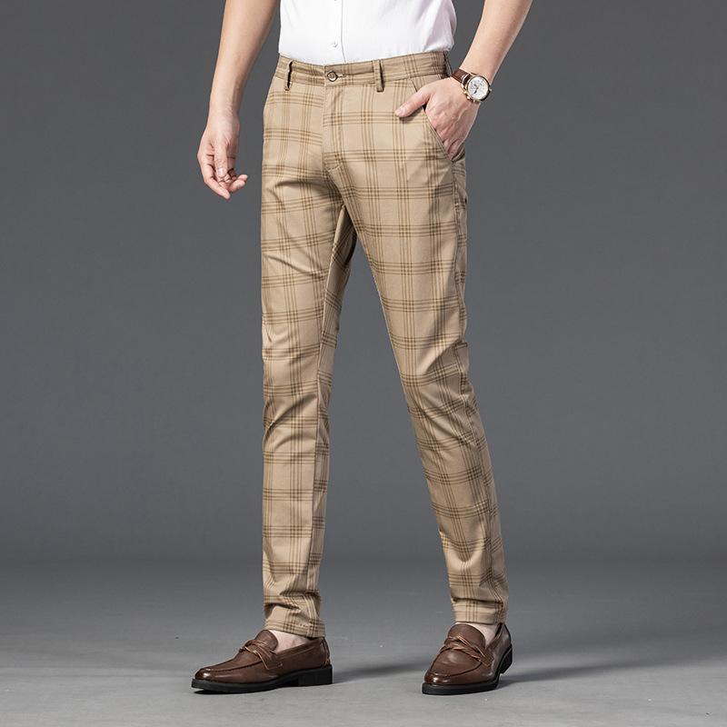 Hochwertige Business-Herren-Karierte Hose, gerades Bein, schmale Hose, Freizeithose, lange Hose 30 khaki