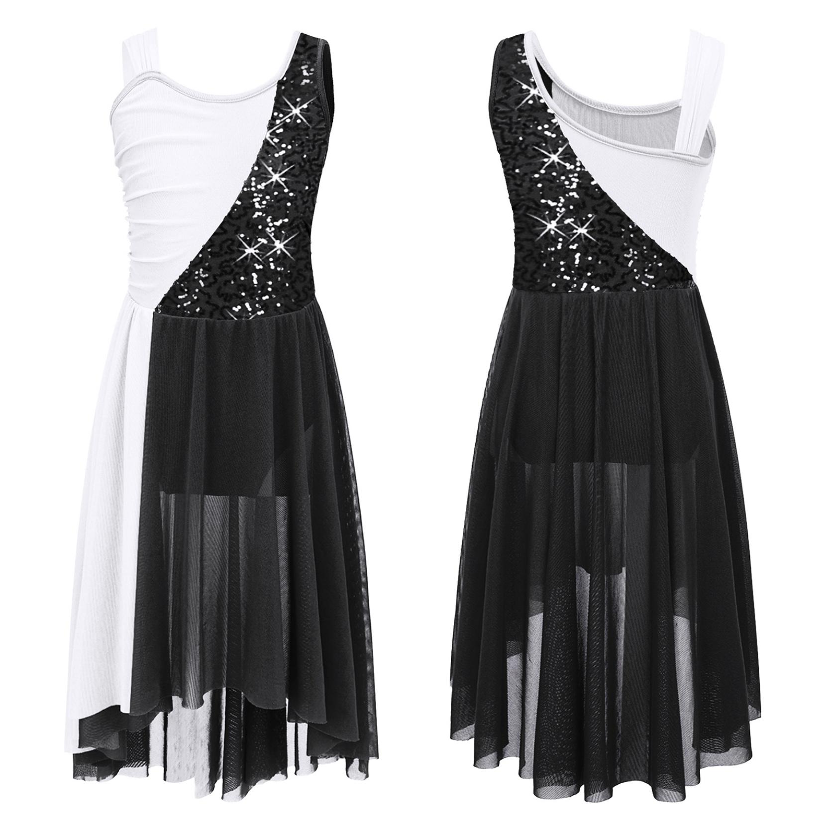Kinder Mädchen ärmellose Chiffon Lyrical Dance Kostüme Farbblock Trikot Kleid moderne zeitgenössische Kleider 13-14 Years schwarz