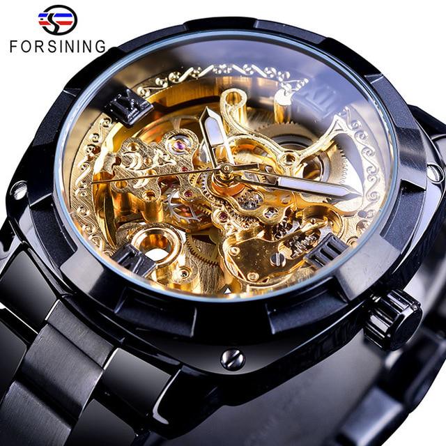 Forsining Mode transparent Retro männer Automatische Mechanische Uhr Top Marke Luxus Volle Goldene Leucht Hände Skeleton Uhr schwarz
