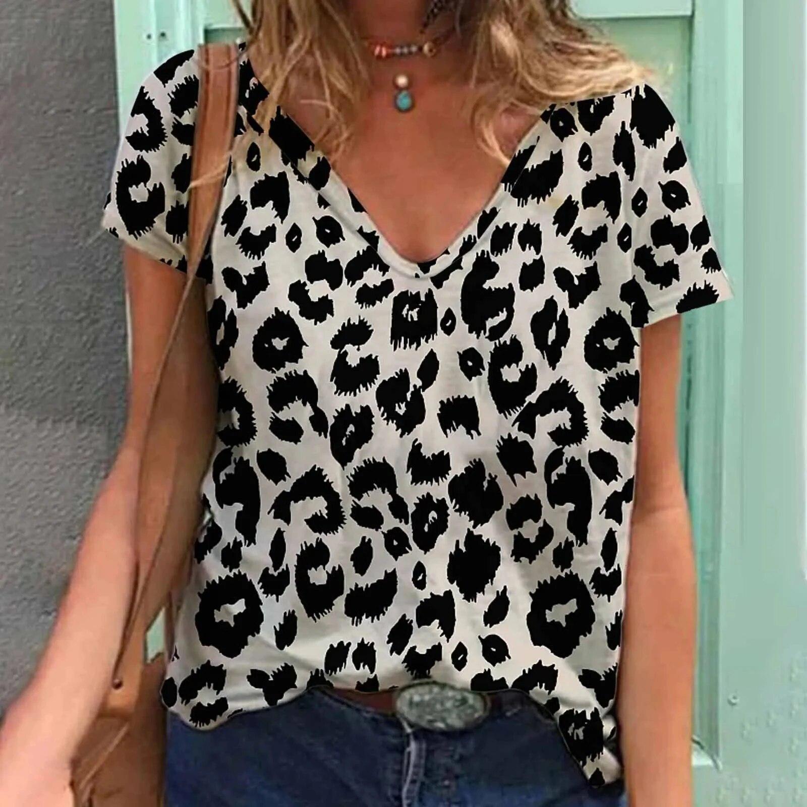 V-ausschnitt T-Shirts Für Frauen 3d Leopard Print Tops Tees Casual Straße Femalewear Sommer Mode Übergroßen T-Shirt Dame Y2k Kleidung XL