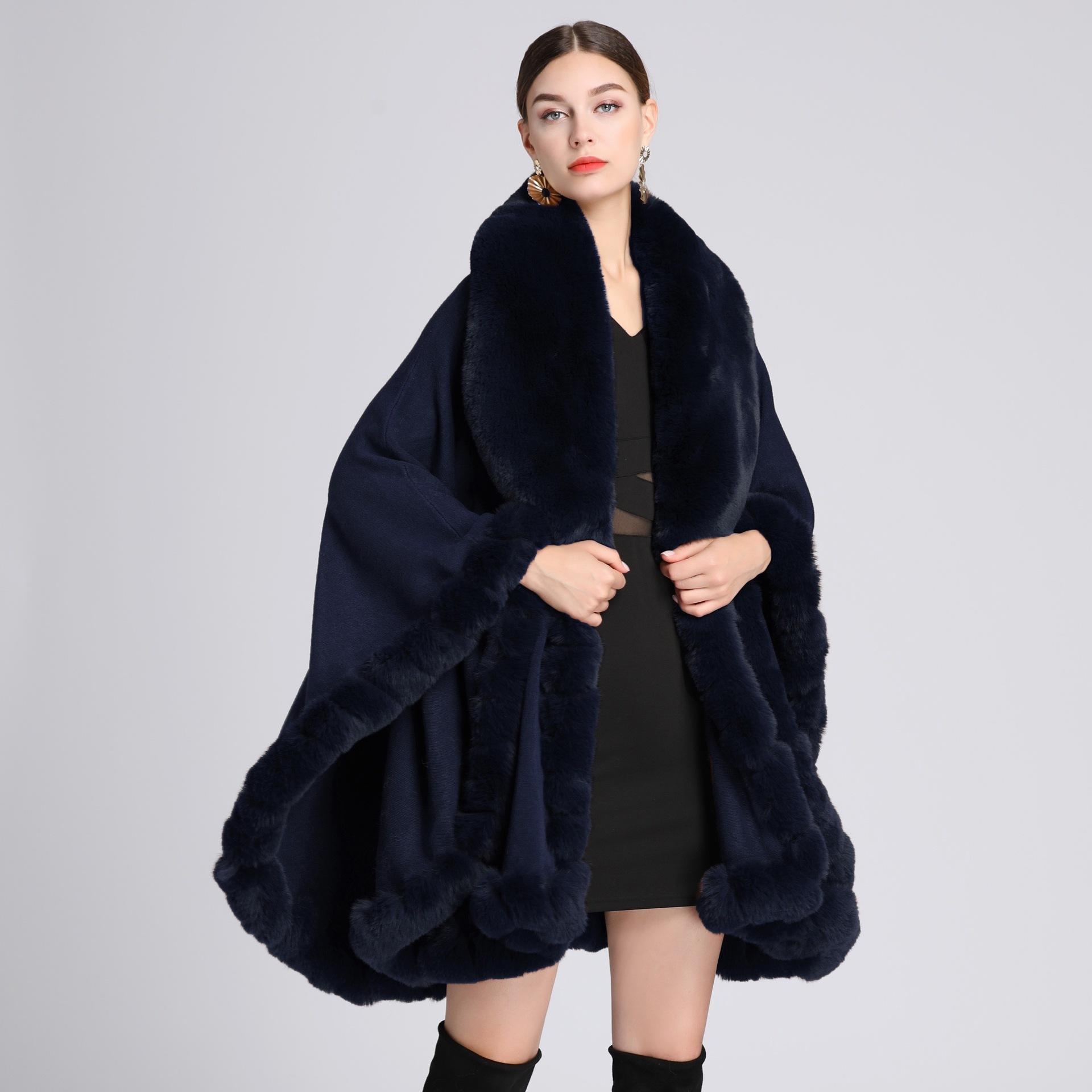 Eleganter V-Revers-Faux-Rex-Kaninchen-Pelz-Mantel-Umhang-Winter-Frauen-großer langer Schal-voller Trim-Pelz-Strickmantel-Mantel-großer Parka One size navy blau
