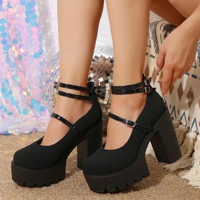 Rosafarbene Pumps mit klobigem Absatz und Knöchelriemen, süße Plattform, quadratischer Absatz, Damen-High-Heels-Pumps, Plateauschuhe, Frühlings-Frau-Schuhe 37 schwarz