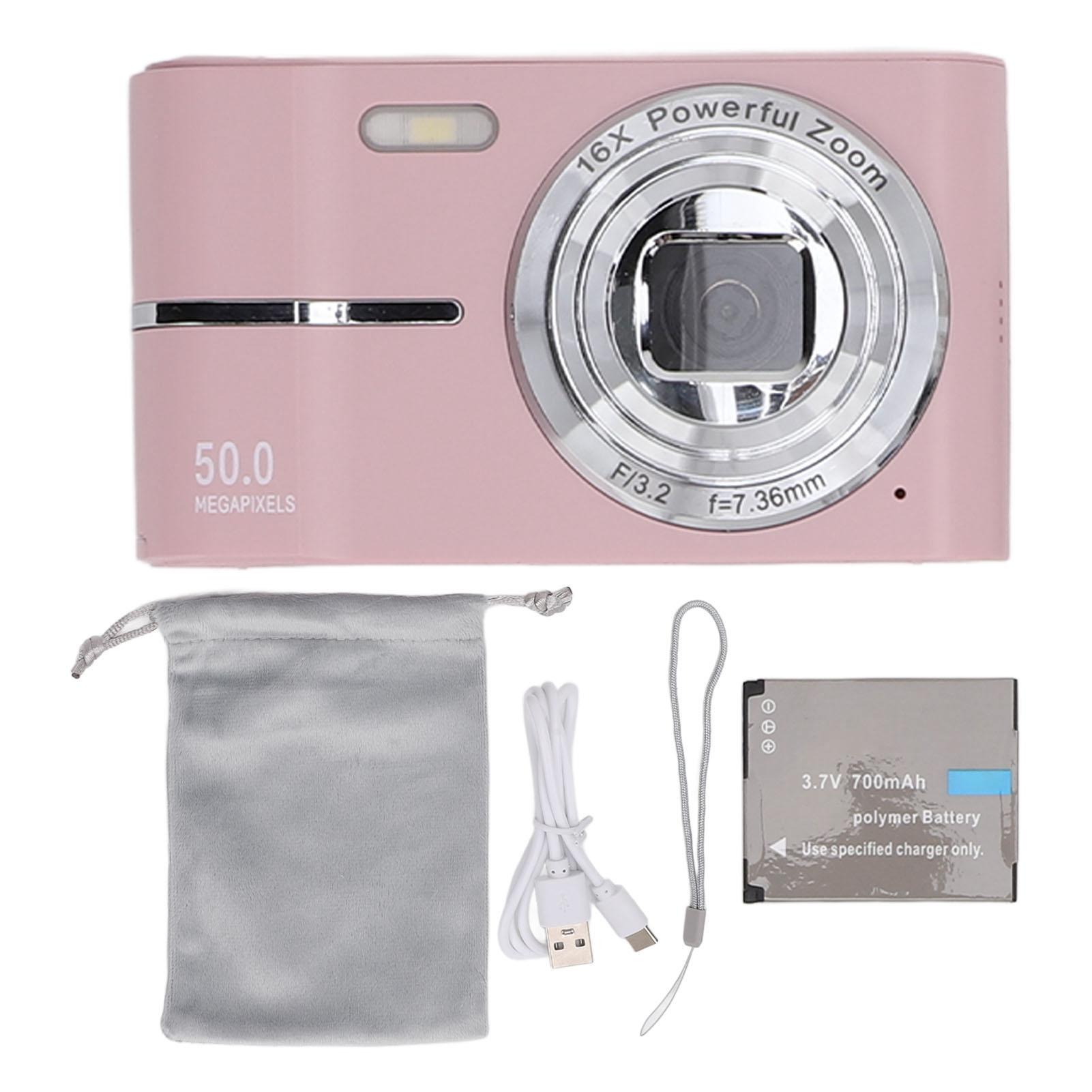 Taschen-Digitalkamera FHD 1080P 50MP Unterstützt AF Autofokus 16-facher Zoom Studenten Tragbar Kompakt Klein rosa