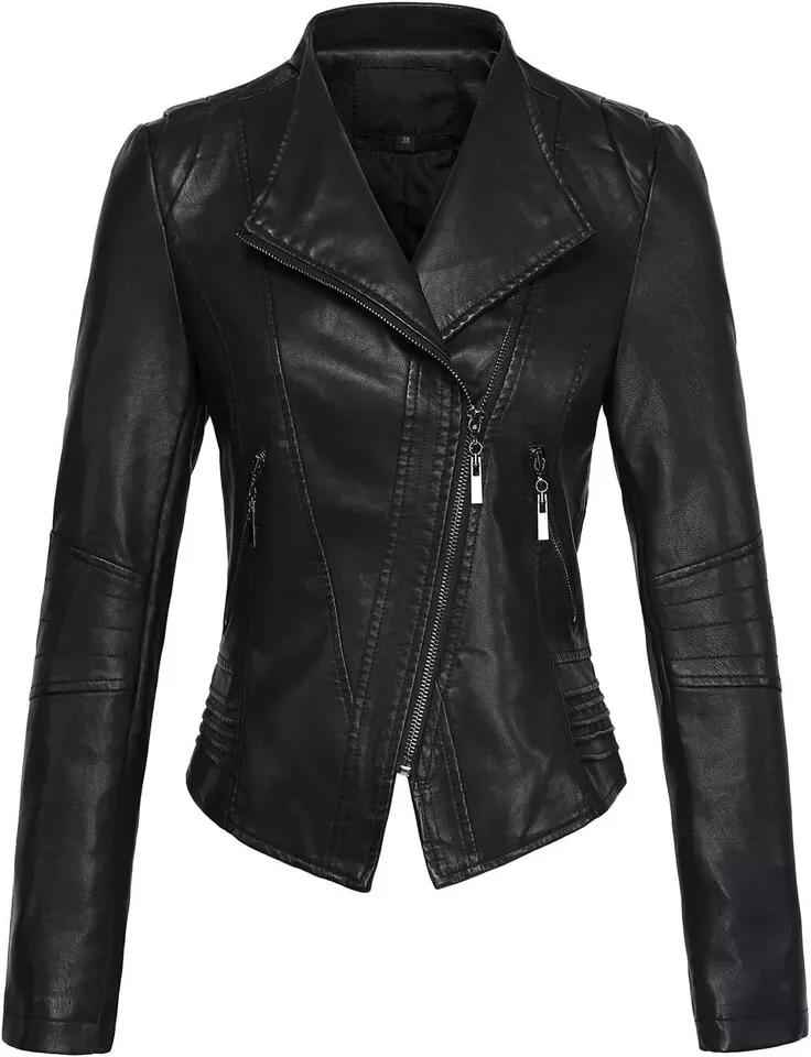 Biker Echt weiche handgemachte schwarze Lederjacke Frauen 100 % Lammfell Motorrad L schwarz
