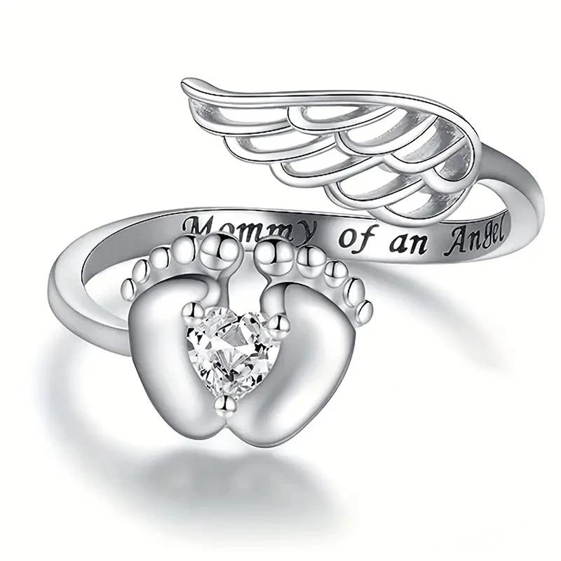 CAOSHI Engelsflügel und Babyfüße Ringerring für Mama Kupferfarben Herz Zirkonia Liebe Schmuck für Frauen Zartes Muttertagsgeschenk 8 gray