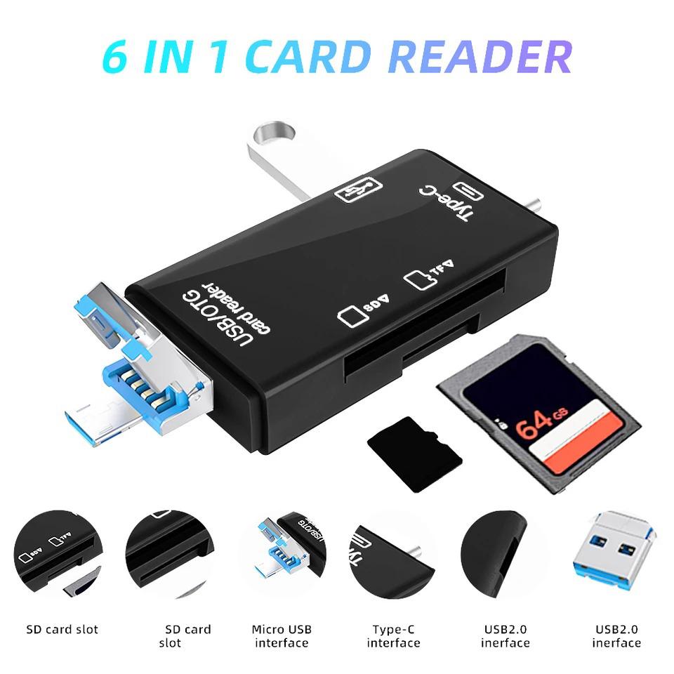 Mini USB Typ C Kartenleser 6 in 1 USB zu SD TF Speicherkartenadapter Smartcard-Leser Flash-Laufwerk Kartenleser Laptop-Zubehör black