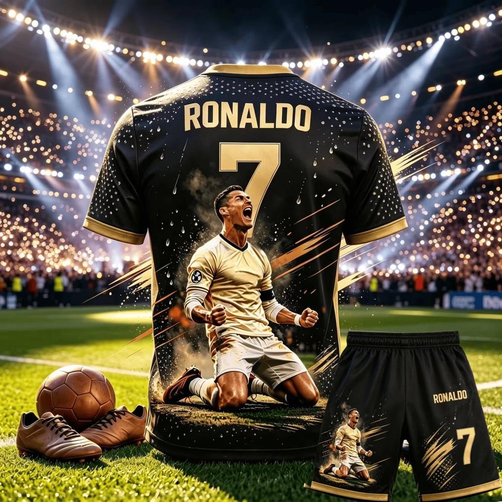 CR7 Ronaldo Nr. 7 Thema Fußball Outfit Erwachsene Kinder 3D Druck Trikot Hose Zweiteiliger Sportanzug für Fans Kinderkleidung 110 black