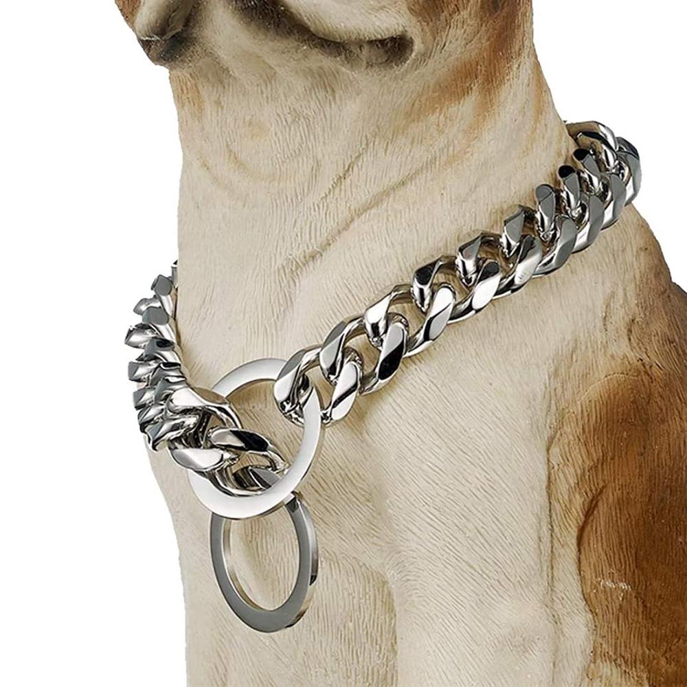 15 mm Hundehalsband aus Edelstahl mit Goldkette, luxuriöse kubanische Gliederkette, langlebige Trainings-P-Kette für große Hunde, Dobermann, Pitbull, Rottweiler 24inch (61cm) -15MM silber