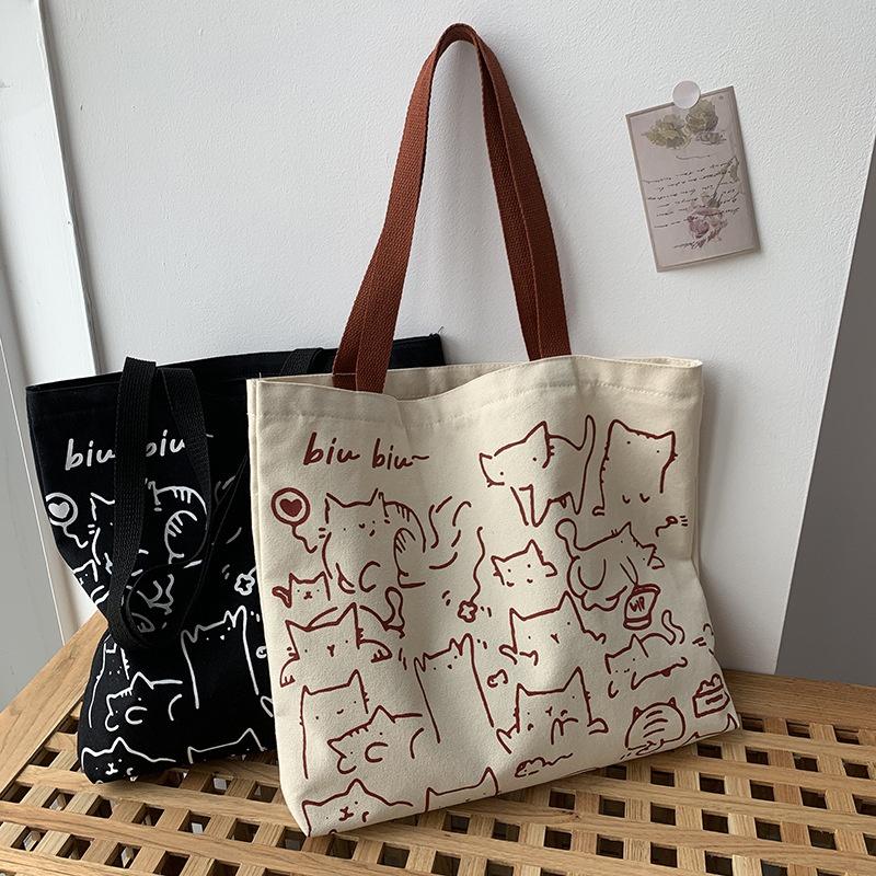 Canvas-Taschen, Handtasche für Damen, Shopper, süße Katzen-Einkaufstasche mit Reißverschluss, Designer-Tasche, japanischer Stil, Cartoon, kleine Umhängetaschen schwarz