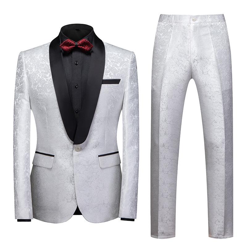 Herrenbekleidung Stilvoller formeller Anzug 2-teiliges Set Herrenanzug Blumenmusterdruck Geschäftsbüro Hochzeitsanzug Jacke + Hose Anzüge und Blazer L weiß