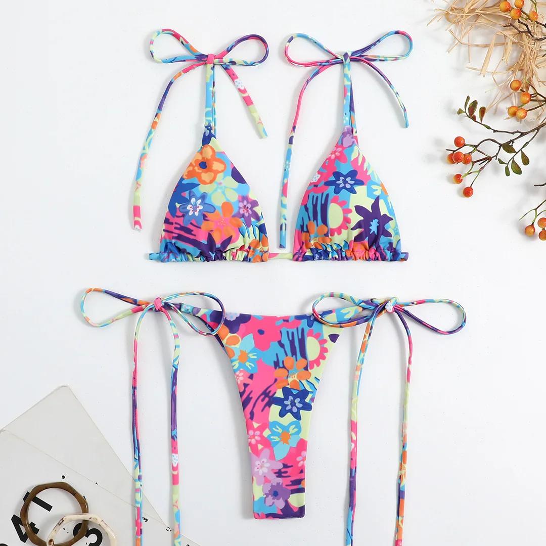 Sexy Blumen Floral Brasilianischer Bikini Damen Bademode Damen Badeanzug Zweiteiler Bikini-Set Gepolstert Badesachen Badeanzug Schwimmen M blau