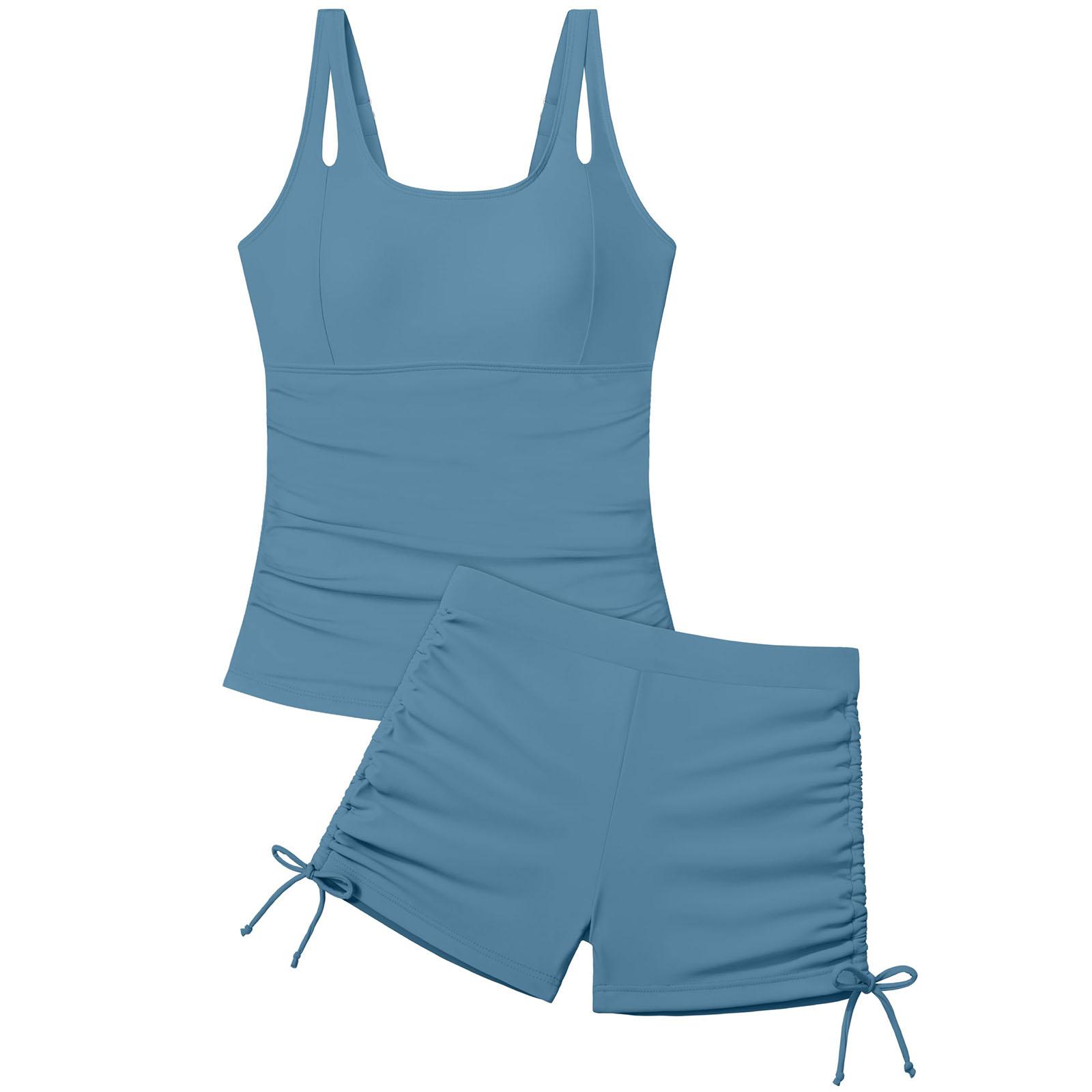Zweiteiliger Badeanzug für Mädchen Tankini-Set Quadratischer Halsausschnitt Oberteil mit Palmenprint Shorts Verstellbarer Kordelzug Strandmode Badebekleidung 140 blau