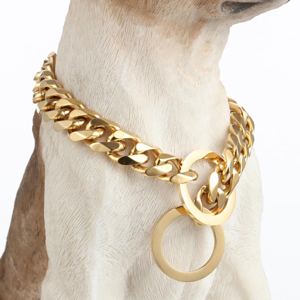 Premium 15MM Edelstahl Hundehalsband Goldkette Stilvolles Cuban Link Langlebige Trainings-P-Kette für Große Hunde Dobermann Pitbull Rottweiler 20inch (51cm) -15MM gold