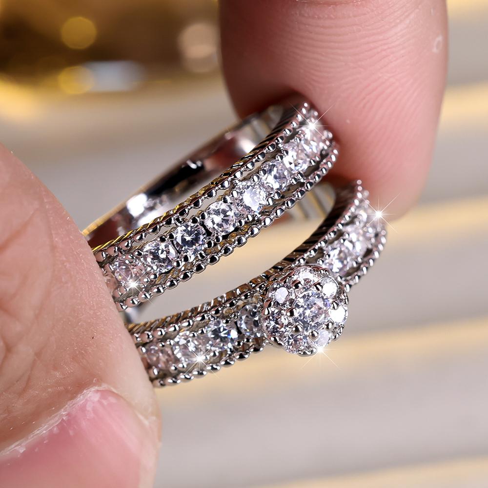 Modisches 2-teiliges Set mit blumenförmigen Zirkonia-Ringen für Frauen, luxuriöse, elegante Verlobungsringe, Party-Schmuckgeschenke 7 weiß/silber