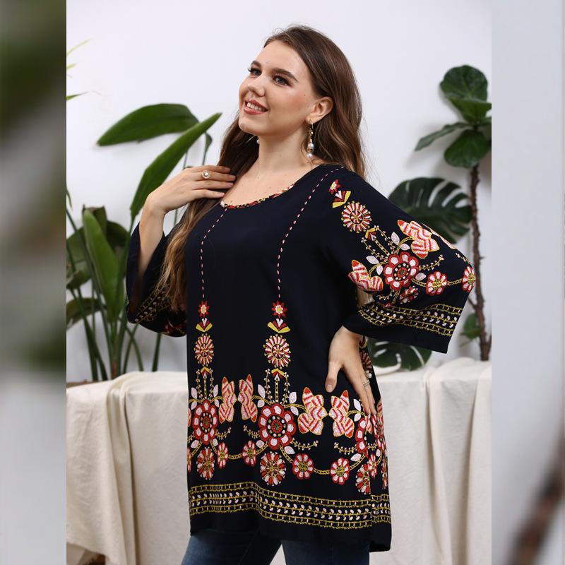5XL Plus Größe Bluse Shirt Frauen O Hals Langarm Blumen Druck Casual Bluse Lose Übergroßen Damen Tunika Tops 5XL navy blau