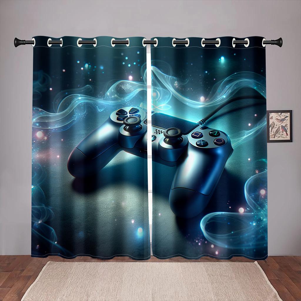 2 stücke Schlafzimmer Spiele Vorhänge Videospiel-Controller Gamer Room Decor Männer Gamepad Vorhänge Fenster Behandlung Vorhänge Für Wohnzimmer 100W130H(CM)40x51in&Grommet Top blue