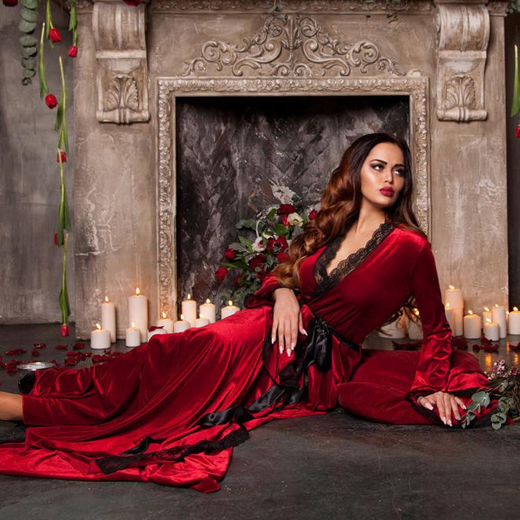 Sexy Nachthemden für Damen, Pyjamas, Spitze, Samt, Nachtwäsche für Damen, bequeme Nachthemden für Damen, Versuchung, Nachthemd für Damen One Size rot