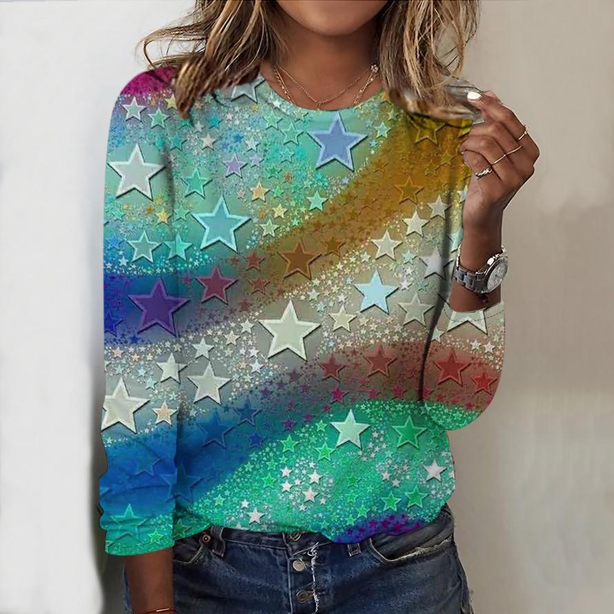 Oberteile für Damen, Sternenlicht-Feuerwerk-Print, Rundhalsausschnitt, Langarm-T-Shirt, Herbst, lässiger, schlanker Pullover, Langarm-Oberteil für Damen M grün