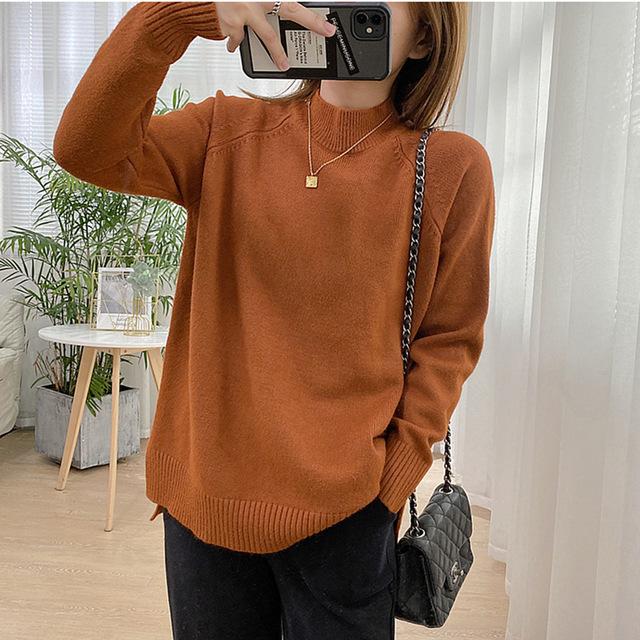 Frauen Mock Neck Pullover Pullover Hohe Qualität Übergroßen Pullover Split Herbst Winter Kleidung Beige Lila Grün 8 Farben C-232 one size braun