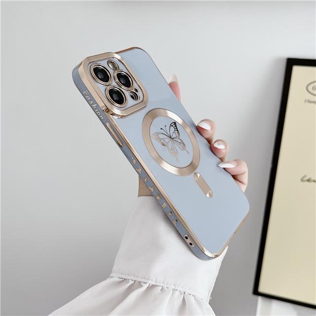 Für iPhone 16 Pro Max Luxus Magsafe Magnetische Beschichtung Schmetterling Handyhülle Für iPhone 11 12 13 14 15 16 Plus Schutzhülle For iPhone 14 Plus gray