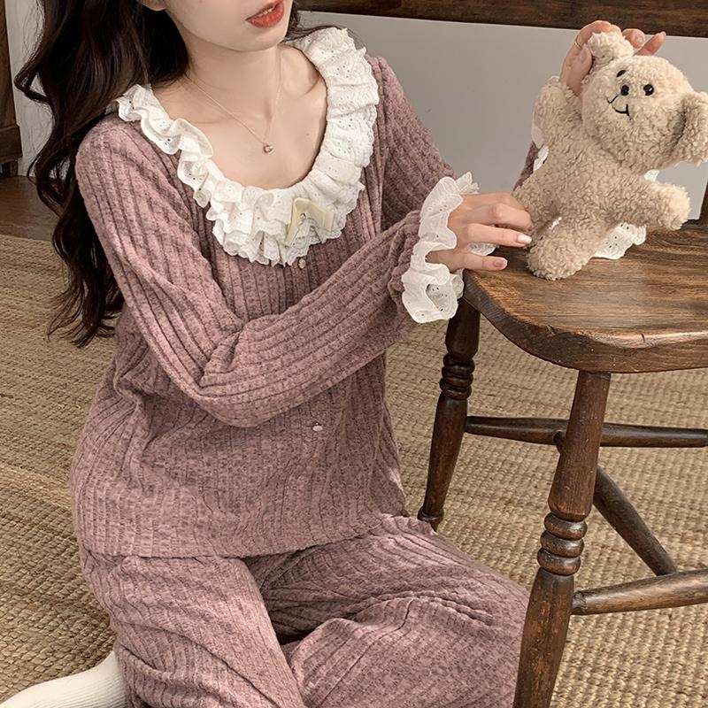 Damen Langarmhose Baumwolle Pyjama Einfarbig Spitze Pyjama Damen Schlafzimmer Hauskleidung Damen Pyjama XXL