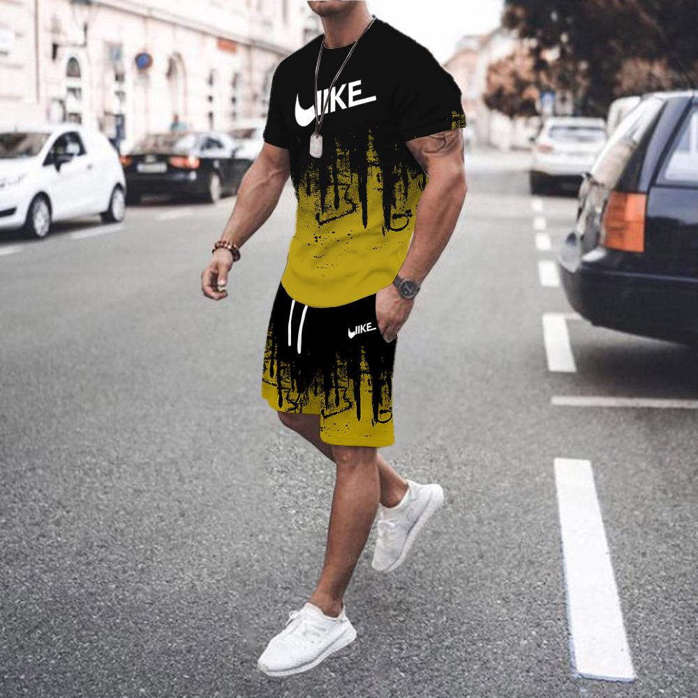 Sommer T-Shirt Set für Männer Gestreiftes Herren-T-Shirt Kurzarm + Shorts 2-teiliges Set Oversized Lässig Strand Sport Männer Anzug L