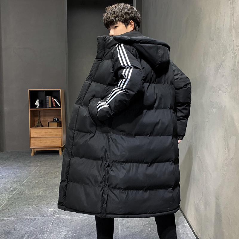 Trendy Herrenjacke im koreanischen Stil, mittellang, mit Baumwolle gefüttert – neues, dickeres Winterdesign mit drei Streifen Small