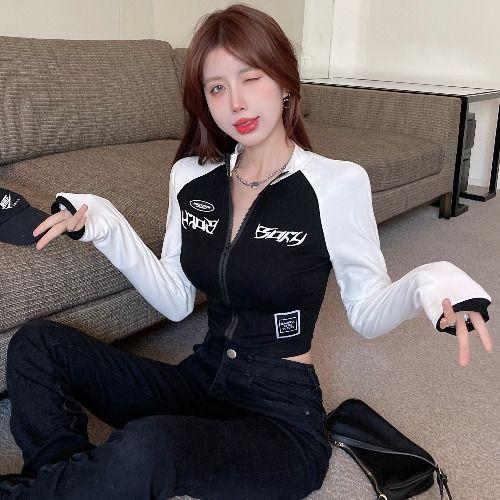 Arbeitskleidung Weibliche Zipper Langarm T-shirts Sexy Frauen Innere Tops String Mädchen Y2K T-shirts Radfahren T-shirt Für Frauen L 45-55kg