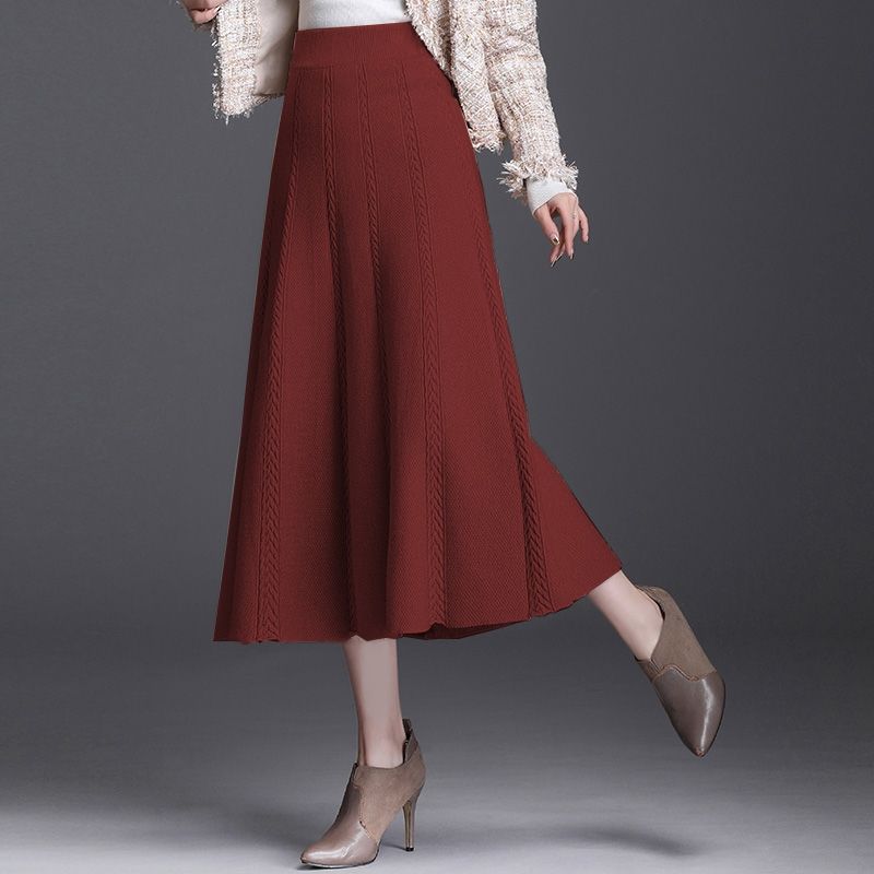 Herbst Winter frauen Temperament Midi Gestrickte Rock Weiblichen Rock Hohe Taille Verdicken Solide Schlanke Mid-länge A-linie Rock faltenrock 2XL bordeaux
