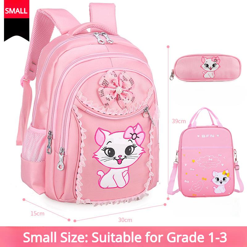 Kinder-Rucksack der Klassen 1, 3, 4, 6, süße Katze, Cartoon-Prinzessin, Spitze, Schulranzen, Grundschule, Mädchen, 3-teiliges Set, Rucksack für 7 bis 12 Jahre Small size rosa