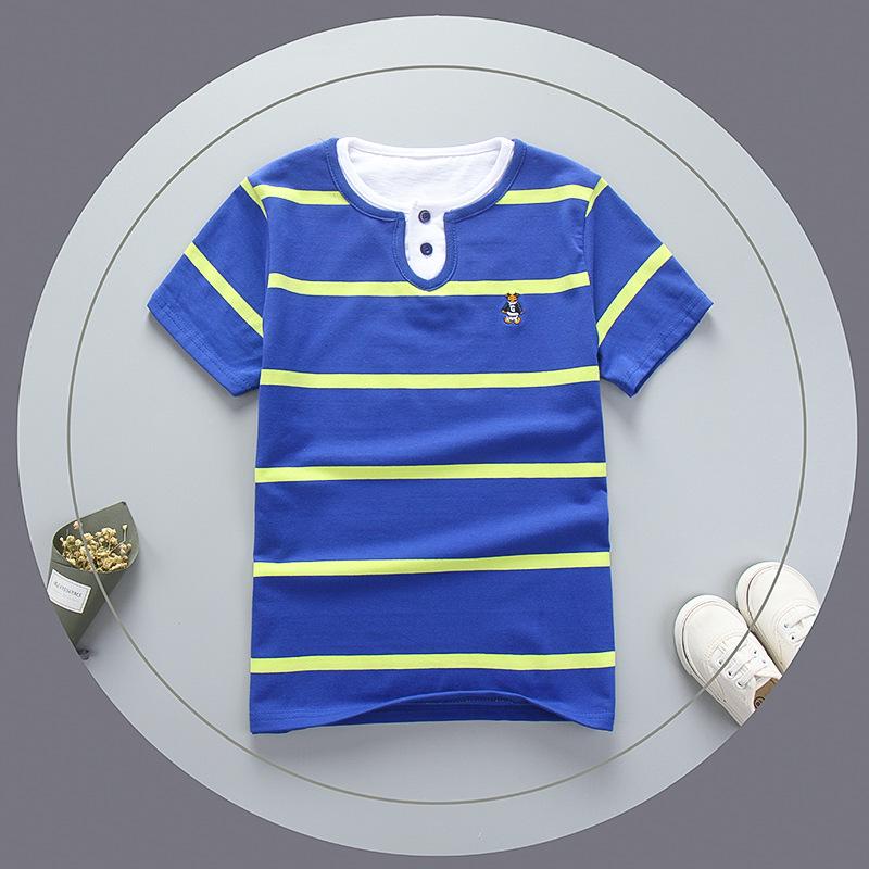 Jungen Kurzarm T-Shirt Baumwolle Kinder Sommer Doppelhals Rundhals Kurzarm Gestreift Kinderbekleidung Reine Baumwolle 120cm blau