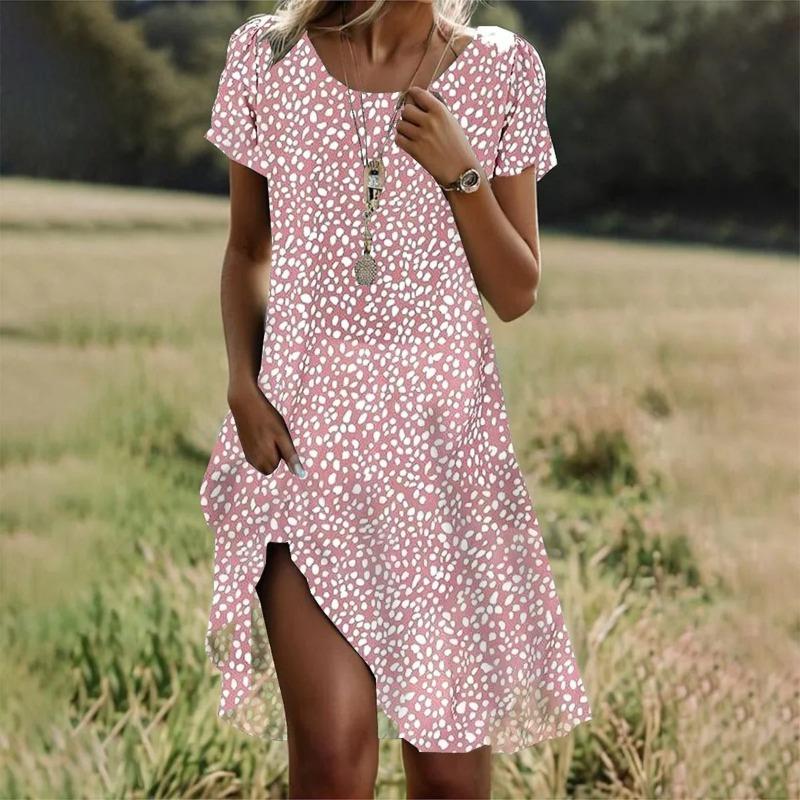 Damen Sommerkleider im literarischen Ethno-Stil mit großem Rundhalsausschnitt und mittlerer Länge XXL rosa