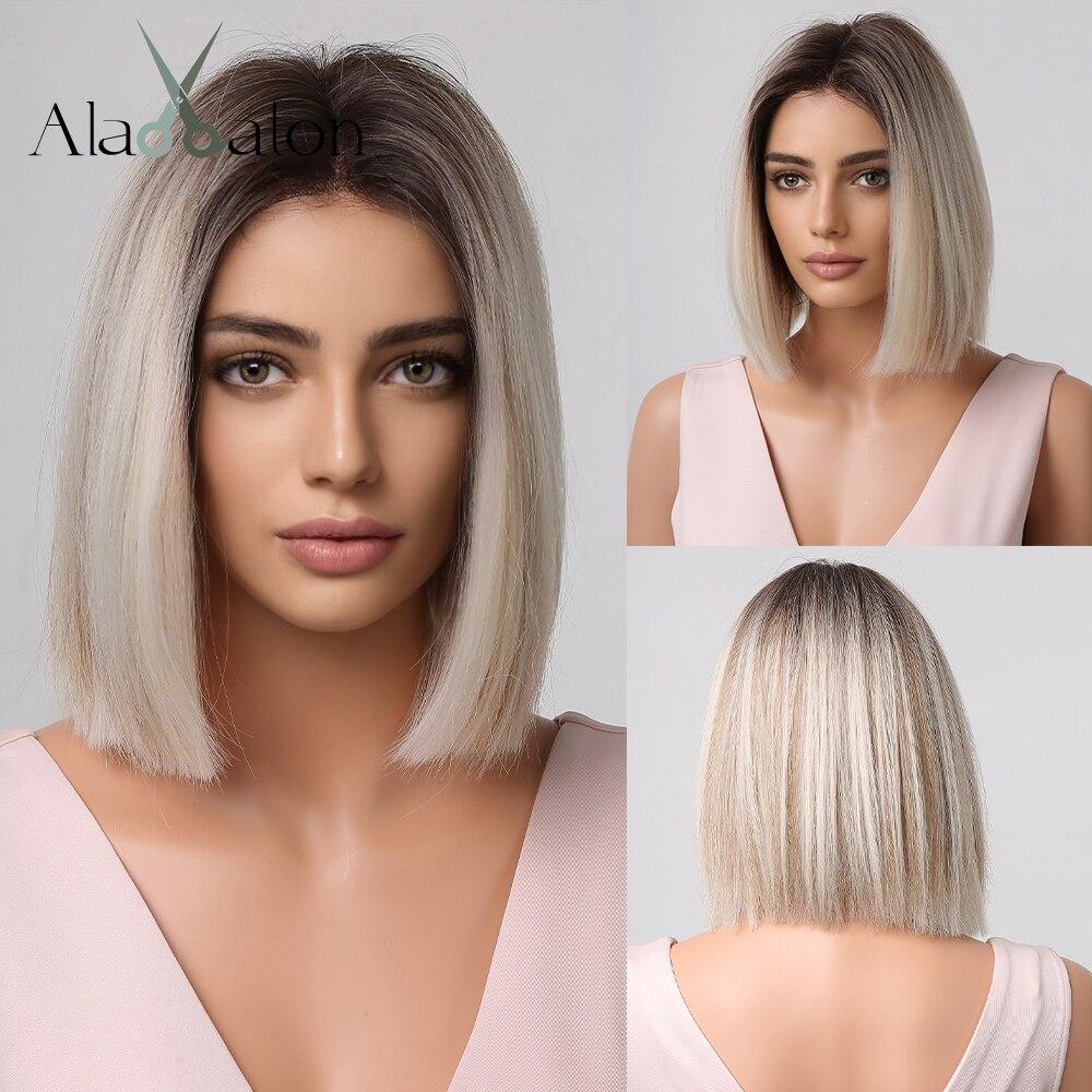ALAN EATON Kurze gerade Bob-Synthetik-Perücke für Damen, platinblonde Perücken mit dunklen Wurzeln, Cosplay-Highlight-Haar, hitzebeständig