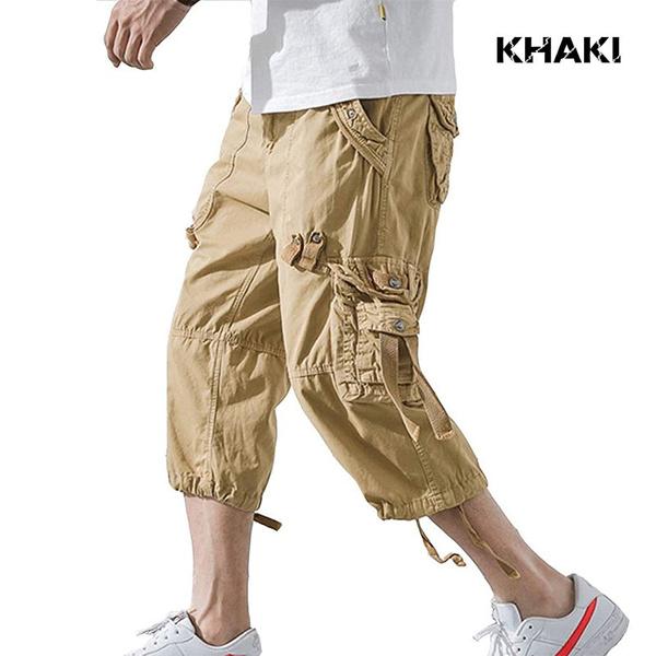 2021 sommer Herren Casual Cargo Kurze Hosen 3/4 Lose Fit Unten Knie Capri Cargo Hosen Baumwolle 40 khaki