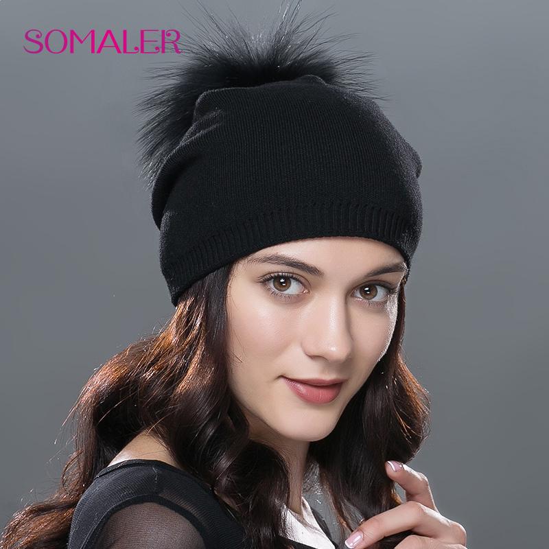 SOMALER Winter-Frauen-Echtfell-Pom-Pom-Mützen, Wolle, gestrickt, dick, warm gefüttert, Mützen, Damenmode, Bommel, Skimützen, Strickmütze schwarz
