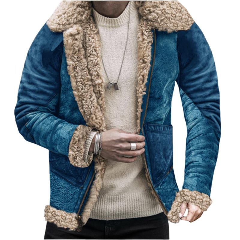 Winter Neue Pelz Integrierte Herrenjacke Verdickte Kunstleder Fleece Bedruckte Jacke L blau