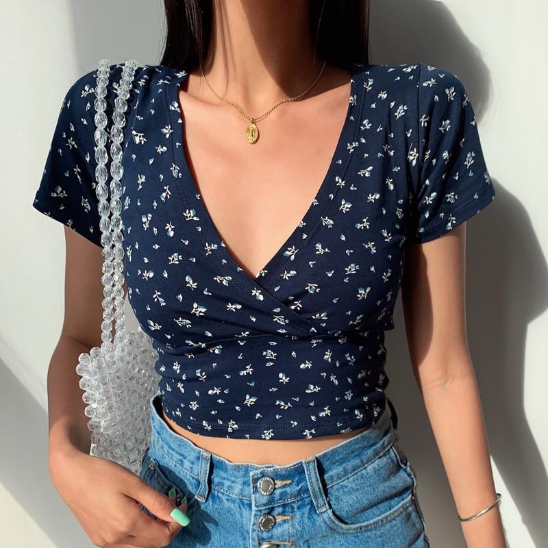 Sommer Retro Floral V-ausschnitt KurzarmT-shirt Schlank Abnehmen Wilden Hohe Taille frauen Top Y2k Stil Crop Tops Streetwear t-shirt L dunkelblaue