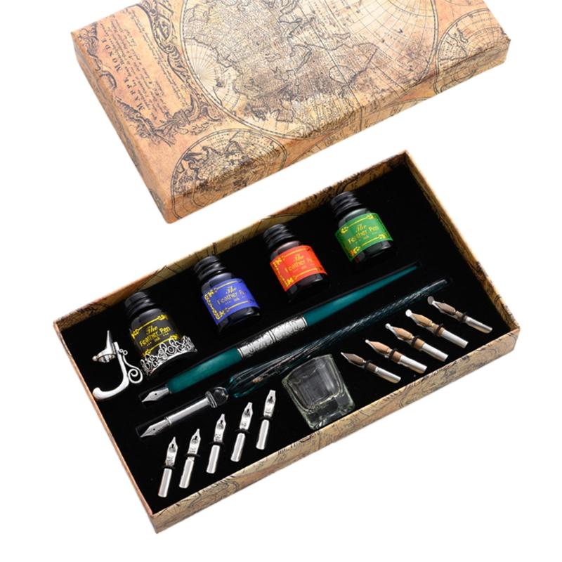 Vintage Tauchfedern Füllfederhalter Schreibtusche 10 Federn Stifthalter Geschenkbox Kalligraphie Schreibwaren Schulbedarf blau