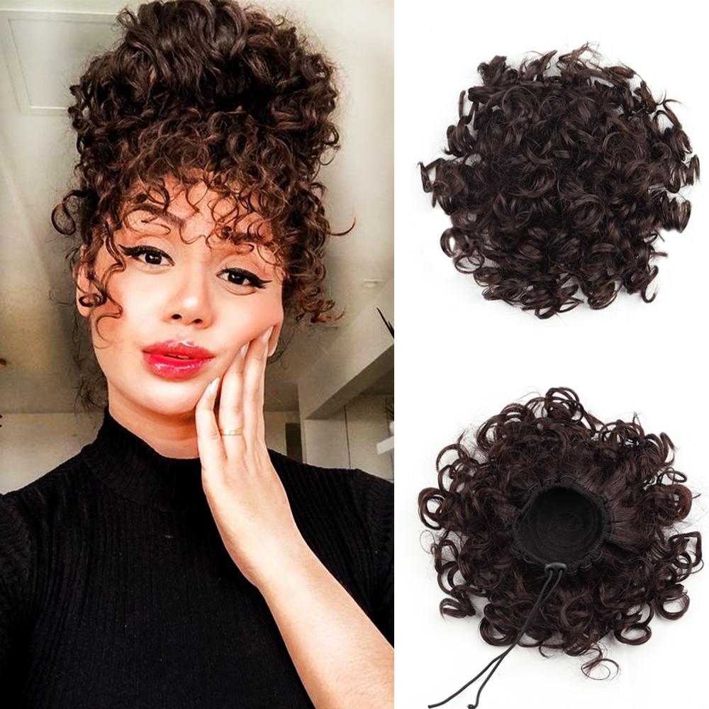 Miss Wig synthetischer, unordentlicher Dutt, 60 g, elastischer Kordelzug, lockere, lockige Haarknoten, Haarteil-Extensions für Frauen, Schwarz 25cm brown