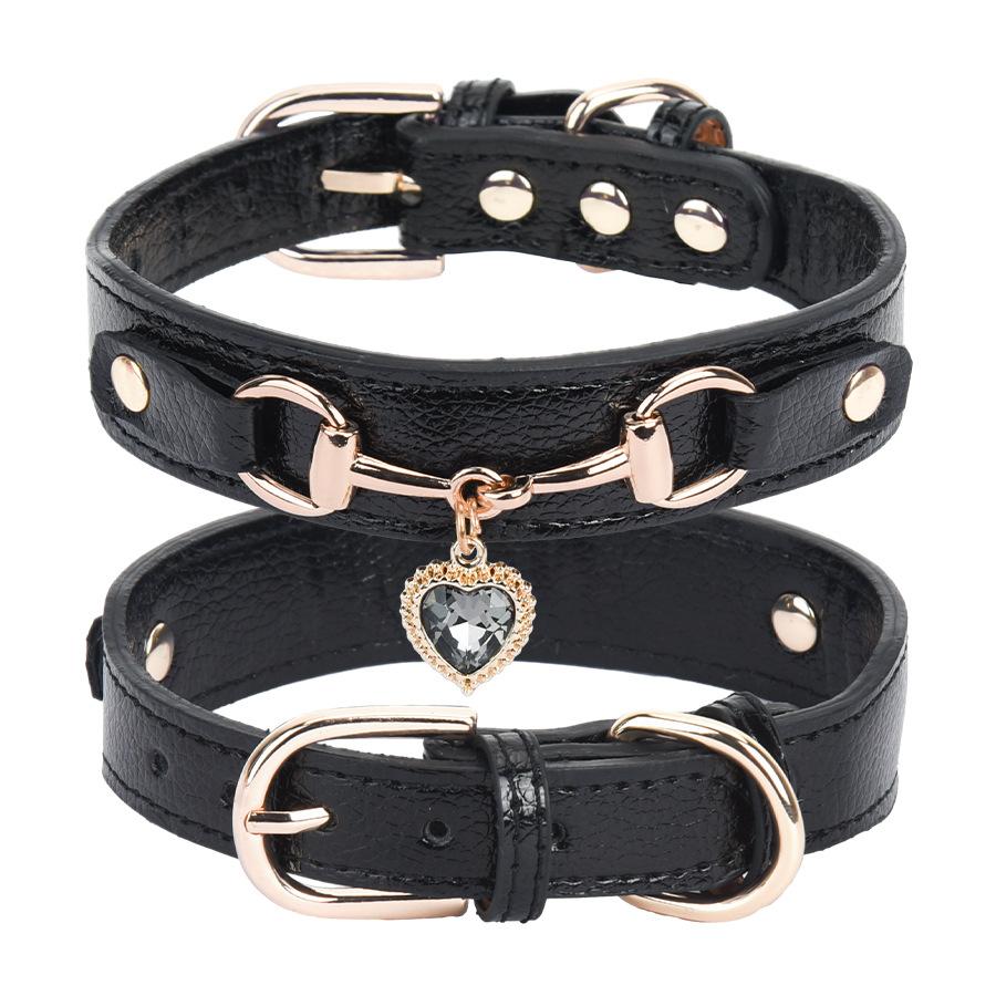 Glänzendes Strass-Haustierhalsband Liebes-Schmuck Hundehalsband Bequemes Leder-Hundehalsband Verstellbar (Black,M) schwarz