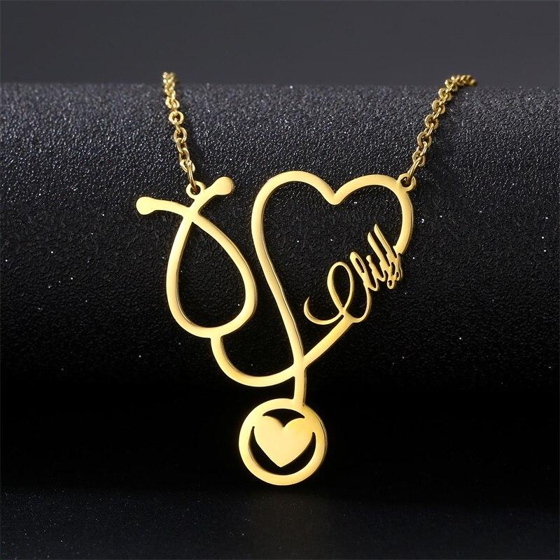 Stethoskop Halskette Mit Namen Personalisiert Gold Edelstahl Namensketten Für Frauen Namensschild Halskette Schmuck Geschenke 45cm gold