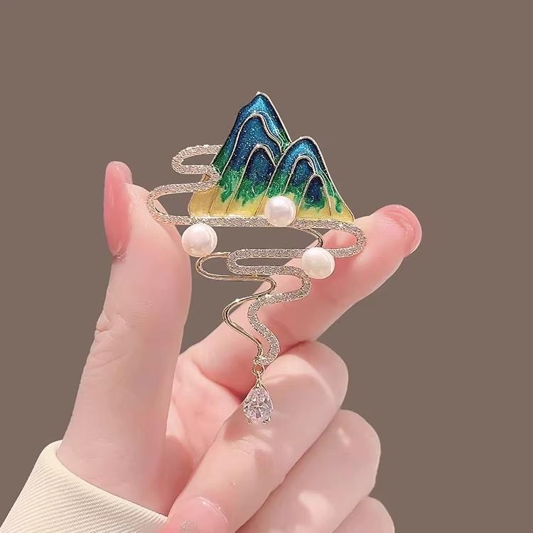 Chinesischer Stil Landschaft Welt Perle Künstlerische Brosche Großes Design Corsage Zubehör