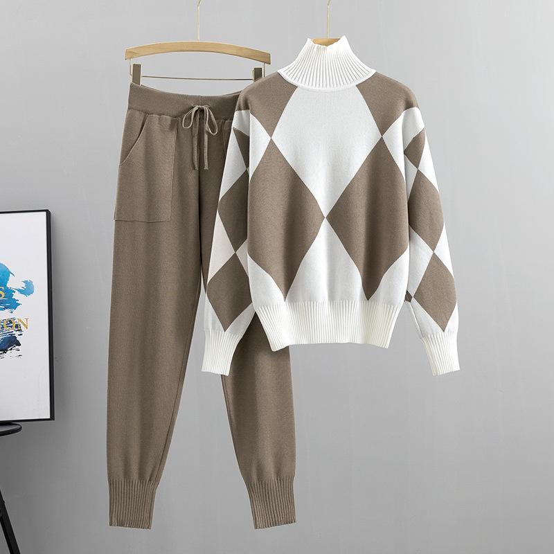 Anzug Damen Herbst und Winter Lässig Gestrickter Plaid Pullover Hose Zweiteiliger Anzug XS khaki