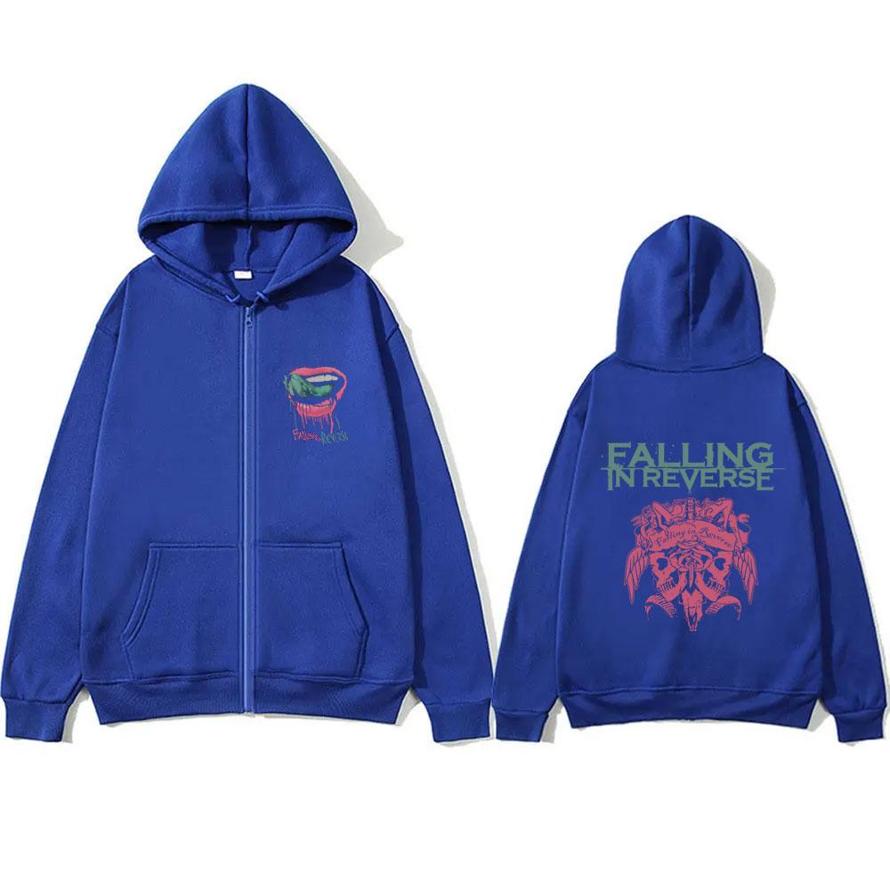Falling in Reverse Reißverschluss Hoodie Herren Damen Gothic Rock Zip Up Jacke Herren Freizeit Oversized Streetwear Männliche Mode Hoodies Mantel 3XL blau