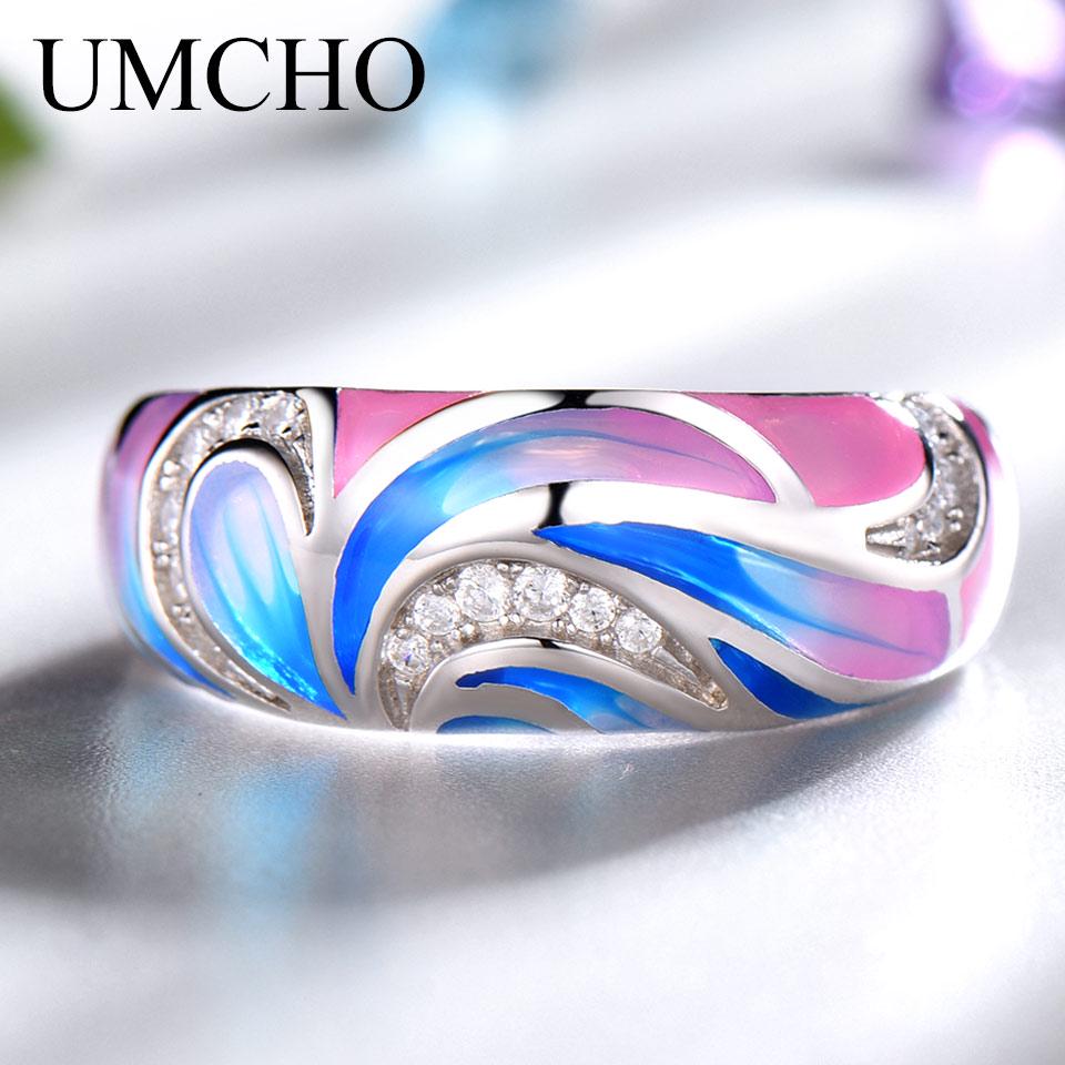 UMCHO 925 Sterling Silber Ringe für Frauen Blume Party Mode Schmuck Bunte Emaille Handgemachte Party Hochzeit Ring Edlen Schmuck 9