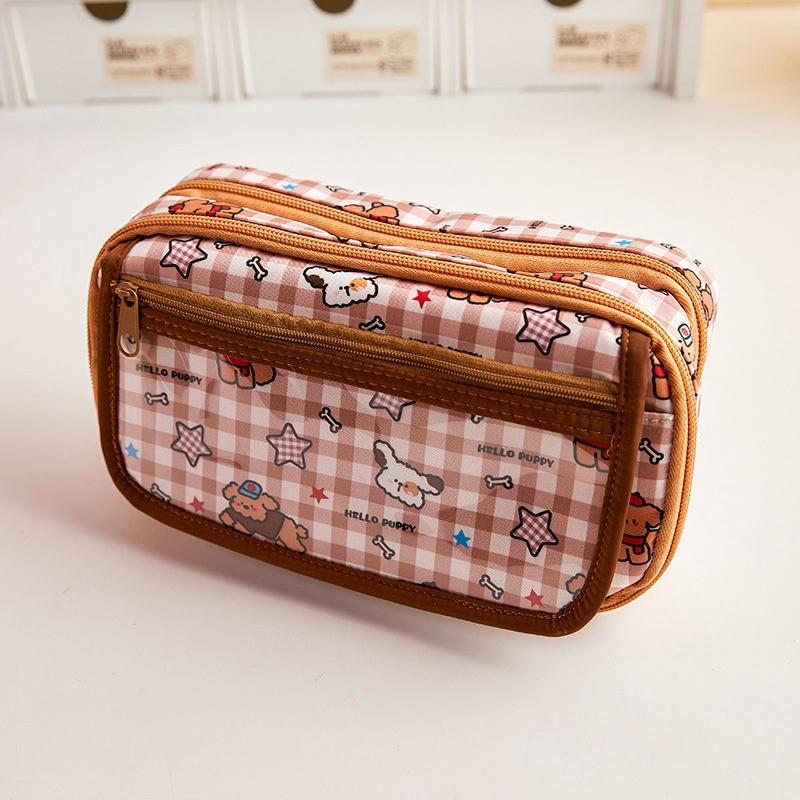 Bleistifttasche mit Cartoon-Welpen-Motiv, Stifteetui, Gitterdesign, süße Farbe, transparente Vordertasche, Aufbewahrungstasche für Schreibwaren brown
