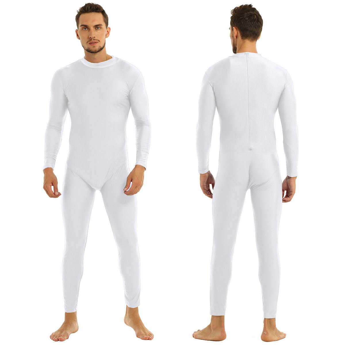 Herren Erwachsene Mock Neck Ganzkörper Unitard Footed Zentai Anzüge Bodysuit Kostüme L weiß