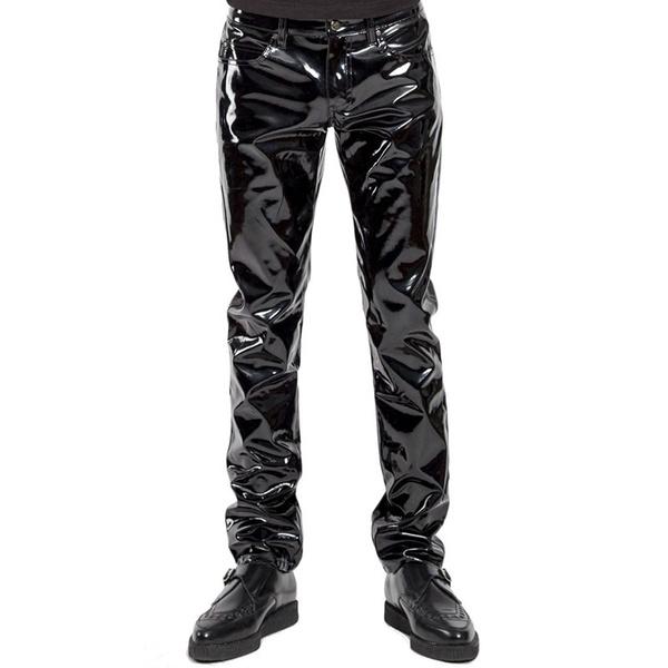 Schwarze Wet-Look-Latex-Herrenhose, flüssige Hose für Herren, Motorrad-Lederhose, Hose im Rock-Stil L schwarz