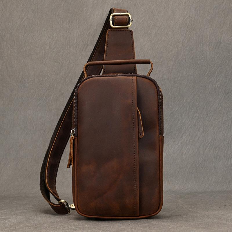 Crazy Horse Leder Brusttasche, Herren Lässige Diagonale Crossbody Tasche, Rindsleder Umhängetasche, Outdoor Tasche, Beliebte Kleine Tasche